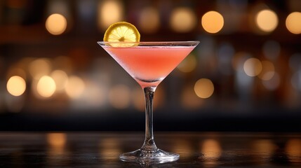 Cosmopolitan Cocktail at a dimly lit bar