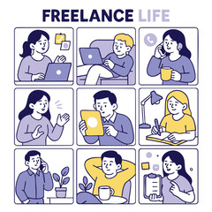 Freelance life showcases various individuals engaged remote work activities, highlighting flexibility and diversity of freelance careers. illustrations depict people using laptops, tablets
