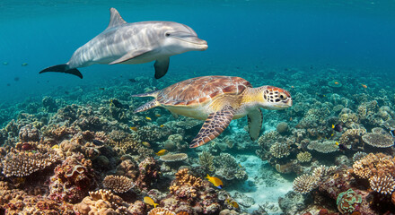Dolphin and Turtle Swimming Together Over Coral Reef