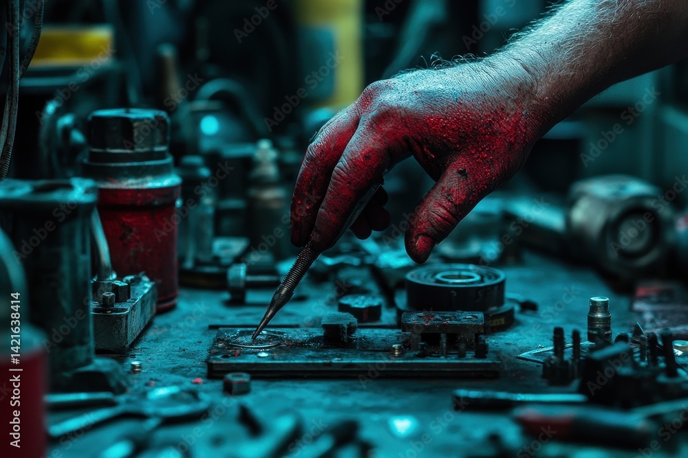 Poster detailed close-up of a robotic red-gloved hand interacting with an intricate control panel in a diml