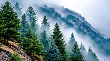 Fototapeta premium Misty mountainside with evergreen trees.