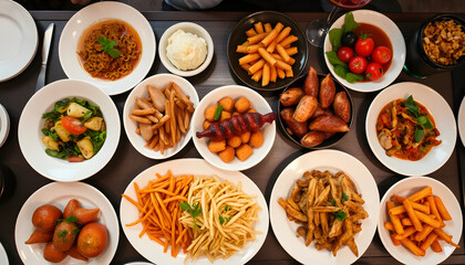 Top view of food meals selection. Restaurant banquet dinner. Buffet menu, vintage. White tone