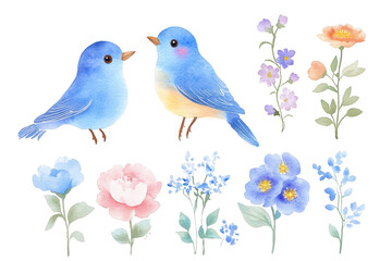 Naklejka premium Watercolor illustration of two bluebirds amid diverse floral arrangements on black