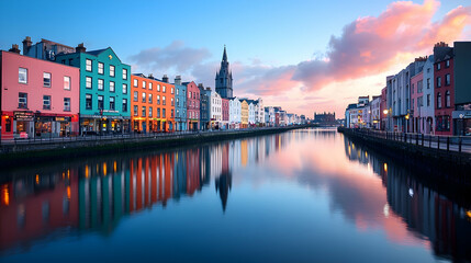 Colorful Buildings Reflecting in Calm River at Sunset