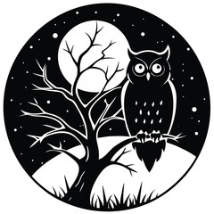 Black and White Owl Silhouette on Tree Branch Under Full Moon Night Sky Circle Art
