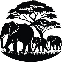Black Silhouette: African Elephants Family Walking Under Tree in Nature Scene © SilhouetteStore