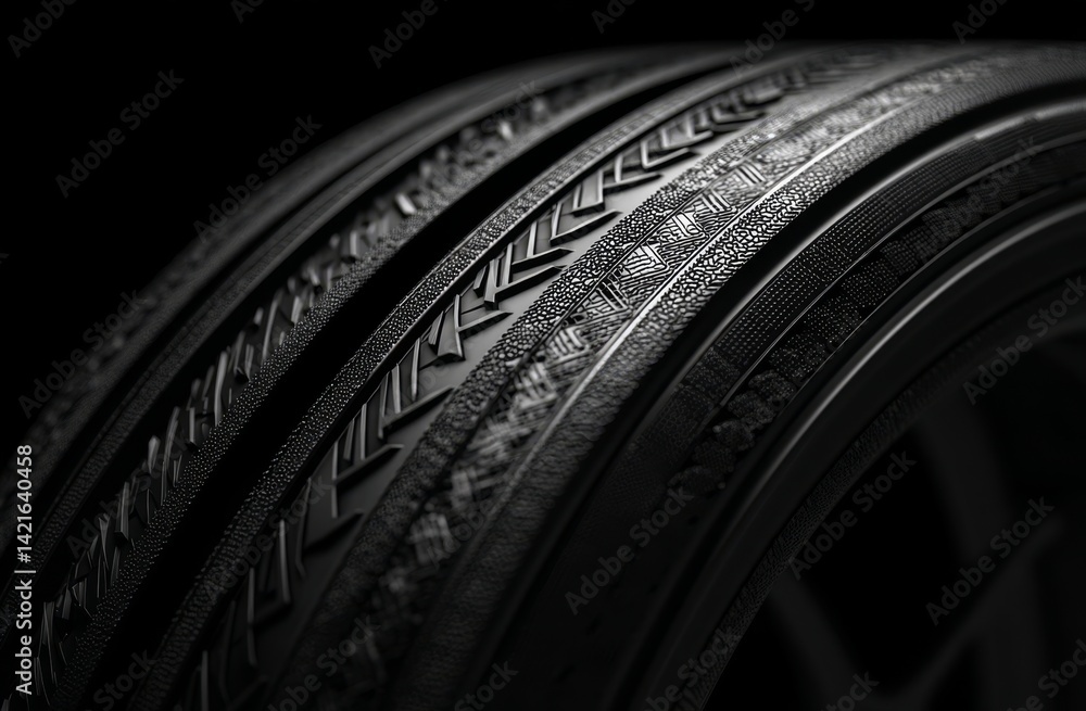 Poster exploring tire tread patterns: close-up view of detailed rubber texture and design for optimal vehic