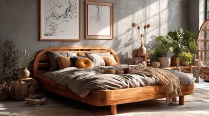 Wooden bed in a stylish, boho bedroom.