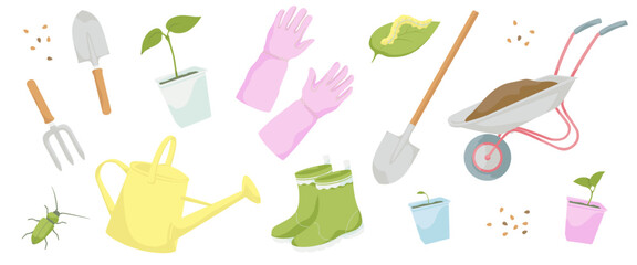 gardening tools and plants, protective gloves, wheelbarrow, watering can, Hand garden trowel, Hand garden fork