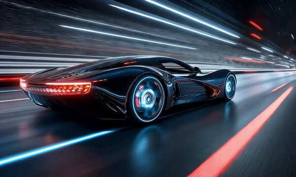 Side view of a black futuristic hypercar driving on the road, with motion blur and light trails behind the car, and red lights around the wheels.