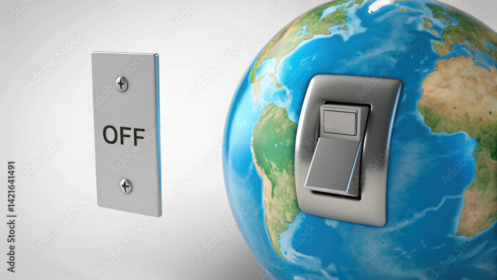 Poster digital switch next to rotating 3d globe symbolizes concept of control over earth, representing envi