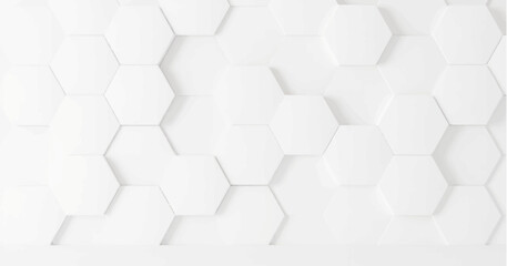 Create a vector illustration of a white background with multiple white hexagons arranged in a staggered, honeycomb pattern. Include soft shadows to give a 3D effect and slight depth to the hexagons. 