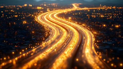 Aerial View of Night Highway with Golden Lights and Blurred Traffic