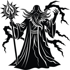 Black Silhouette Wizard with Staff and Lightning, Fantasy Art, Vector Illustration