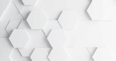 Create a vector illustration of a white background with multiple white hexagons arranged in a staggered, honeycomb pattern. Include soft shadows to give a 3D effect and slight depth to the hexagons. 