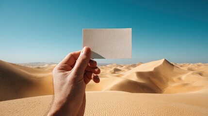 Empty note card held aloft against a backdrop of desert dunes.