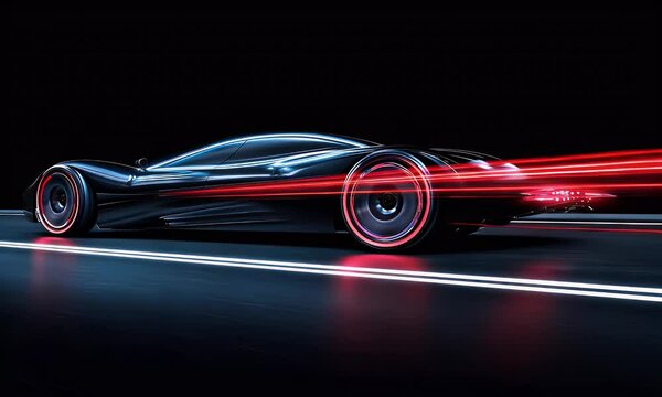 Side view of a black futuristic hypercar driving on the road, with motion blur and light trails behind the car, and red lights around the wheels.