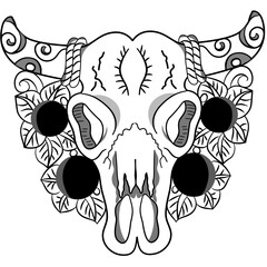Boho tribal bull skull illustration,Tribal bull skull with leaf ornament and rope details, monochrome boho tattoo design