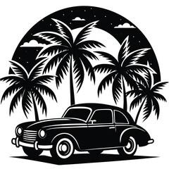 Vintage Car Silhouette Under Palm Trees at Sunset: Retro Beach Vacation Scene