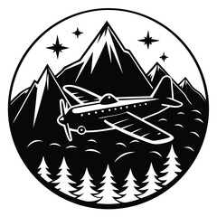 Black and White Airplane Flying Over Mountains and Trees, Vintage Logo Design