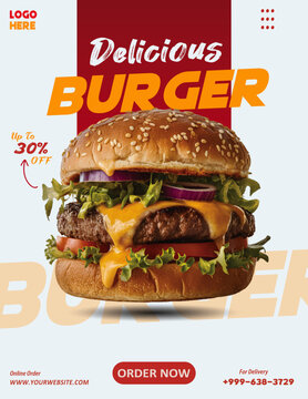 Tasty Cheeseburger Ad Poster, Burger Flyer, and Social Media Banner Design for Fast Food Marketing