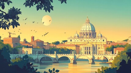 Fototapeta premium St. Peter Basilica in Rome Poster Ilustration Travel Print Decor Gift Paper Canvas Wall Retro Art