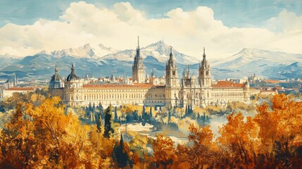 Obraz premium El Escorial Madrid Spain Poster Ilustration Travel Print Decor Gift Paper Canvas Wall Retro Art