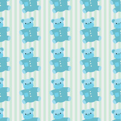 Teddy bear on striped pattern for fabric and background, seamless pattern.