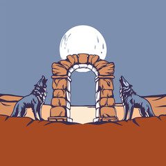 Mystical wolf silhouette designs in nature scenes with spiritual, emotional and tribal elements vector illustration