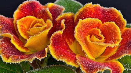 Frosted orange-red roses close-up, dark background, floral design