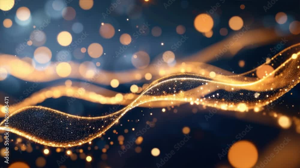 Poster a mesmerizing swirl of light particles and golden waves, creating an enchanting digital background.