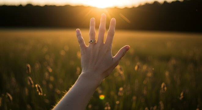 Hand Reaching Towards the Sun in a Field - Powered by Adobe