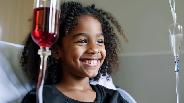 A smiling African American girl donating blood in a hospital room, representing the need for blood donors.
