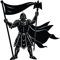 Obraz premium Medieval Knight Warrior Vector Art: Black and White Illustration of a Soldier in Armor Holding a Flag and Trident, Fantasy Graphic Design