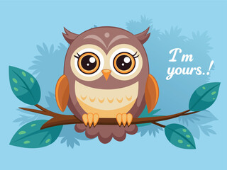 Cartoon owl sitting on a branch in a cute and simple nature design
