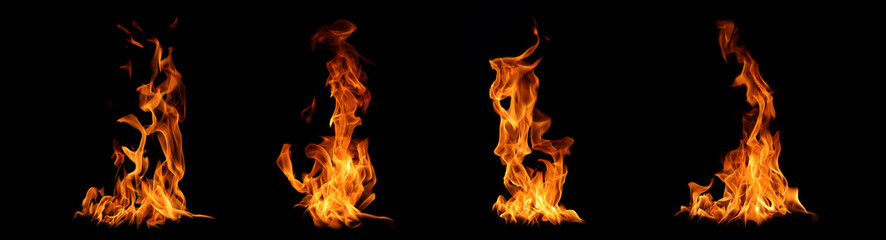 Abstract flames collection isolated on black background. Different burning effects. Flames in the...