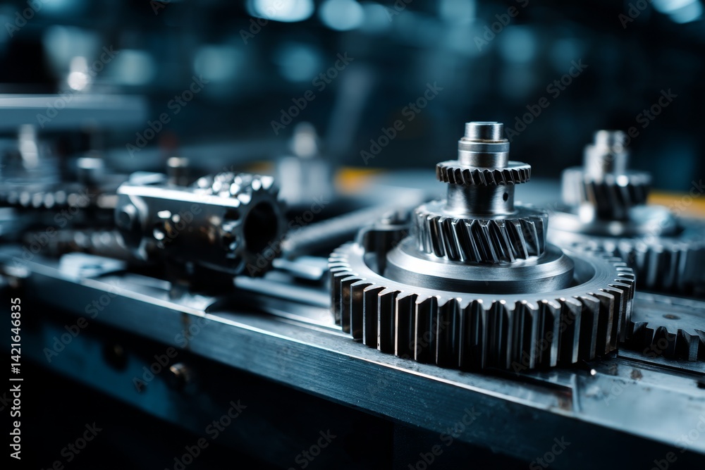 Poster precision gears: interlocking metal cogs rotate efficiently in complex machinery, showcasing industr