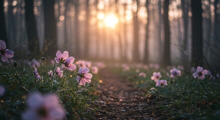 Obraz premium Flowers on a Forest Path with Sunrise