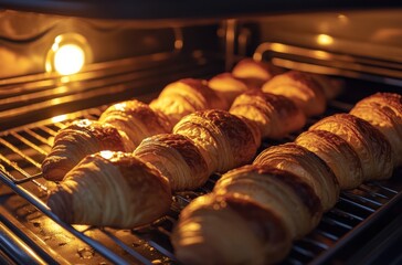 Warm oven light highlighting fresh croissants baking,