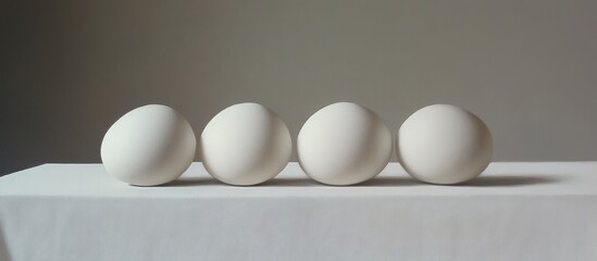 Serene row of pristine white eggs on a stark surface with soft lighting
