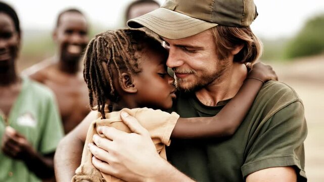 A humanitarian volunteer warmly hugging a young African child, representing compassion and international aid efforts in needy communities.