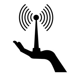 Silhouette of Wi-Fi signal emitted from a tower held in a hand against a white background