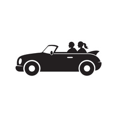 A black and white vector illustration depicts an isolated black automobile, a classic design of a fast vehicle for transport