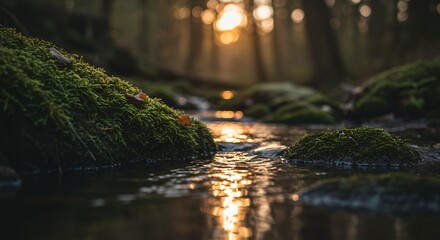 Stream Flowing Through Forest at Sunset