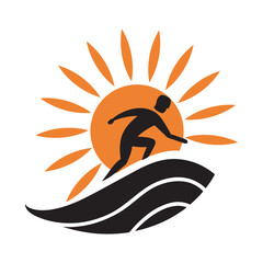 Surfer riding wave with sun rays