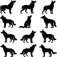 Mystical wolf silhouette designs in nature scenes with spiritual, emotional and tribal elements vector illustration

