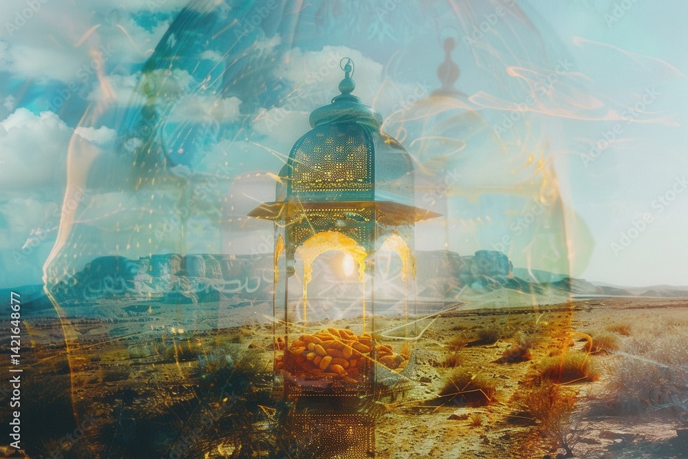 Poster Serene oasis view with ornate lantern and traditional architecture reflecting in tranquil water at sunset