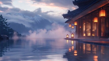 Obraz premium Serene Mountain Spa Resort Tranquil Infinity Pool Scenic View Peaceful Asian Architecture Misty Landscape Breathtaking Sunrise Japanese Style Hot 