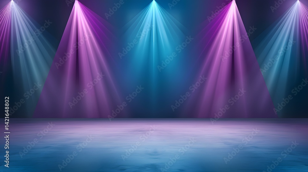 Poster the image shows an empty stage or studio setting with three spotlights casting purple and blue light