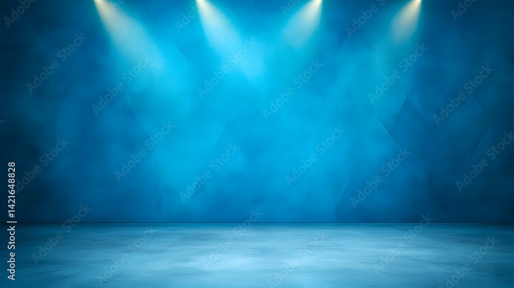 Poster the image shows a simple studio setup with a textured blue wall and a matching blue floor, illuminat